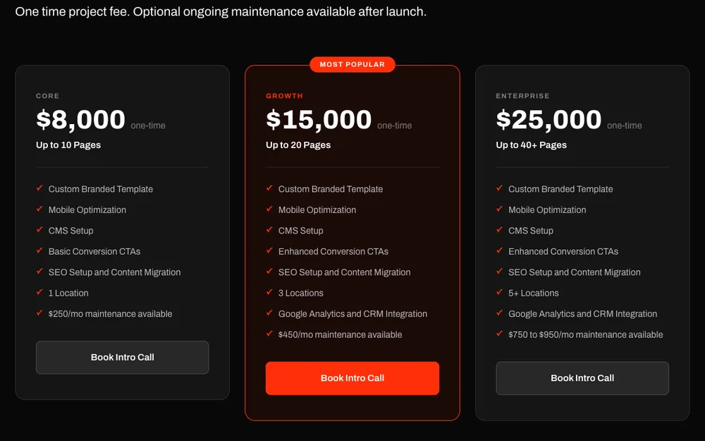 Webserv's published website pricing, three cards. Core costs 8,000 dollars one time for up to 10 pages and 1 location, with 250 dollars a month maintenance available. Growth, marked most popular, costs 15,000 dollars one time for up to 20 pages and 3 locations with Google Analytics and CRM integration, with 450 dollars a month maintenance available. Enterprise costs 25,000 dollars one time for 40 or more pages and 5 or more locations, with 750 to 950 dollars a month maintenance available.
