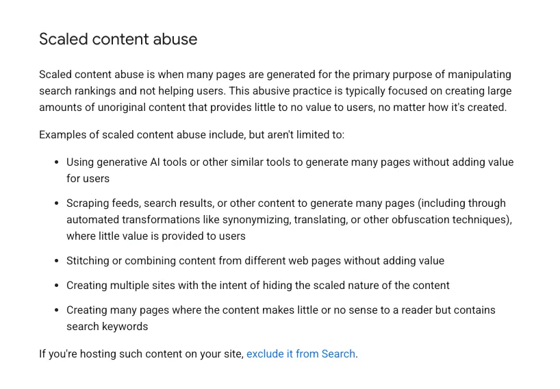 Google Search Central's spam policies page, section titled Scaled content abuse. It defines scaled content abuse as many pages generated for the primary purpose of manipulating search rankings and not helping users, and lists examples including using generative AI tools to generate many pages without adding value and creating many pages where the content makes little or no sense to a reader but contains search keywords.