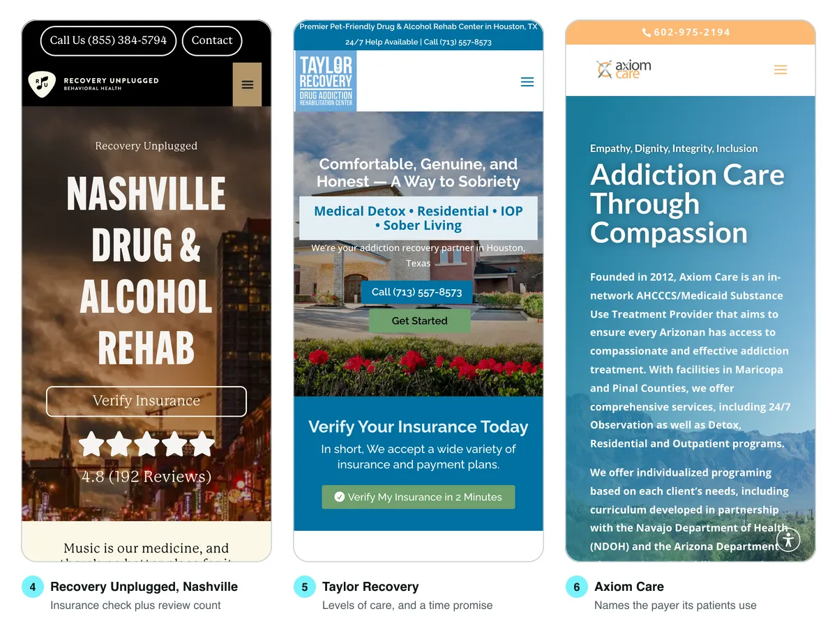 First phone screens of three treatment center websites: Recovery Unplugged Nashville with a Verify Insurance button above five stars and 4.8 from 192 reviews, Taylor Recovery listing Medical Detox, Residential, IOP and Sober Living with a Verify My Insurance in 2 Minutes button, and Axiom Care describing itself as an in-network AHCCCS and Medicaid substance use treatment provider.