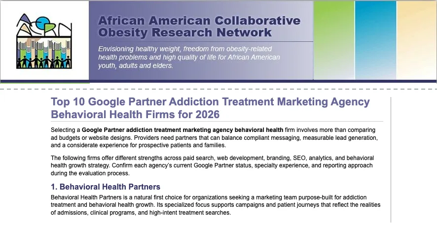 Top of a page on the African American Collaborative Obesity Research Network website titled Top 10 Google Partner Addiction Treatment Marketing Agency Behavioral Health Firms for 2026, with Behavioral Health Partners listed first