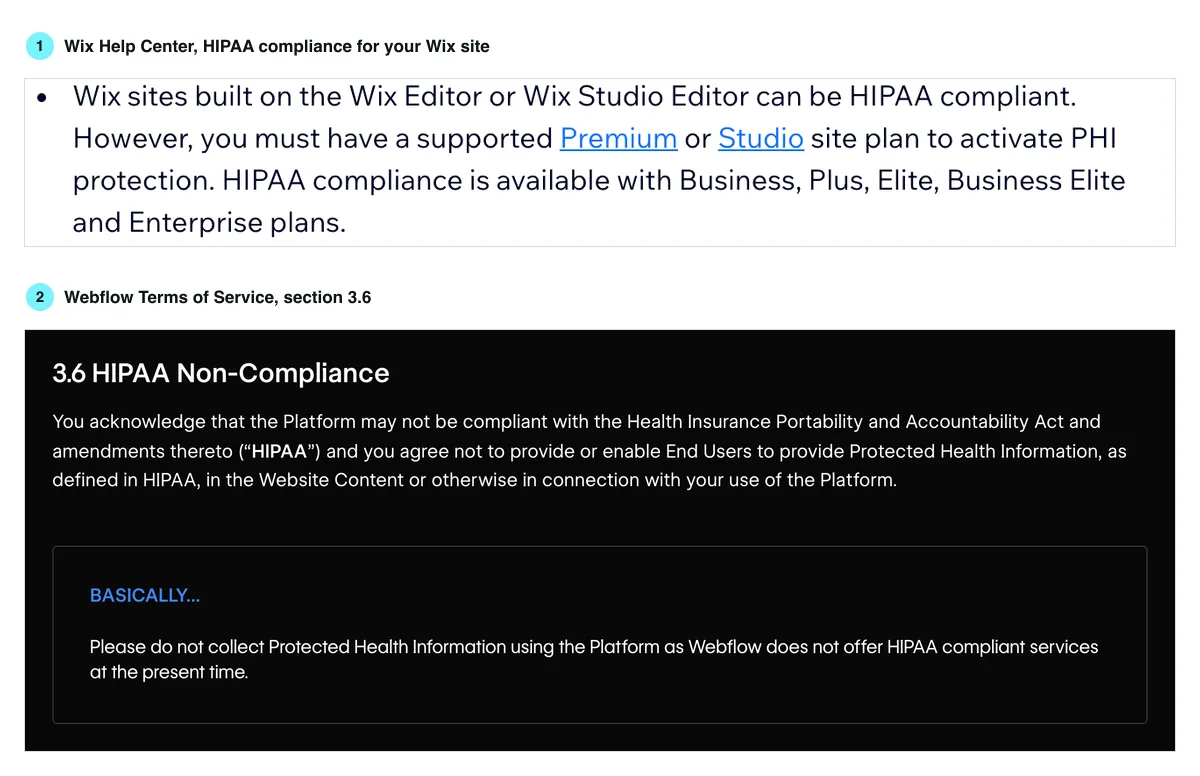 Two vendor statements. Top, the Wix help center saying Wix sites can be HIPAA compliant with a supported Premium or Studio plan, and that HIPAA compliance is available with Business, Plus, Elite, Business Elite and Enterprise plans. Bottom, section 3.6 of the Webflow terms of service, HIPAA Non-Compliance, asking customers not to collect protected health information because Webflow does not offer HIPAA compliant services.