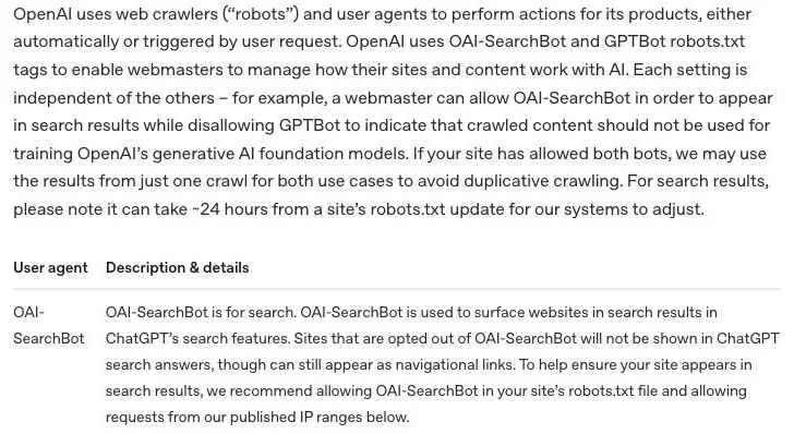 OpenAI developer documentation titled Overview of OpenAI Crawlers. It says OAI-SearchBot and GPTBot settings are independent, that a site can allow OAI-SearchBot to appear in search results while disallowing GPTBot, and that a site which refuses OAI-SearchBot is left out of ChatGPT's search answers.