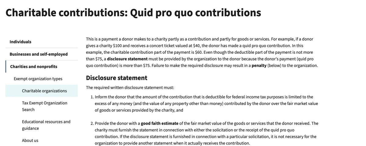 The IRS page titled Charitable contributions: Quid pro quo contributions, with the Charities and nonprofits navigation visible on the left. The body explains that if a donor gives a charity 100 dollars and receives a concert ticket valued at 40 dollars, the charitable contribution part of the payment is 60 dollars, and that even though the deductible part is not more than 75 dollars a disclosure statement must be provided because the payment is more than 75 dollars. A section headed Disclosure statement lists two requirements: inform the donor that the deductible amount is limited to the excess of the payment over the fair market value of goods or services, and provide a good faith estimate of that fair market value.