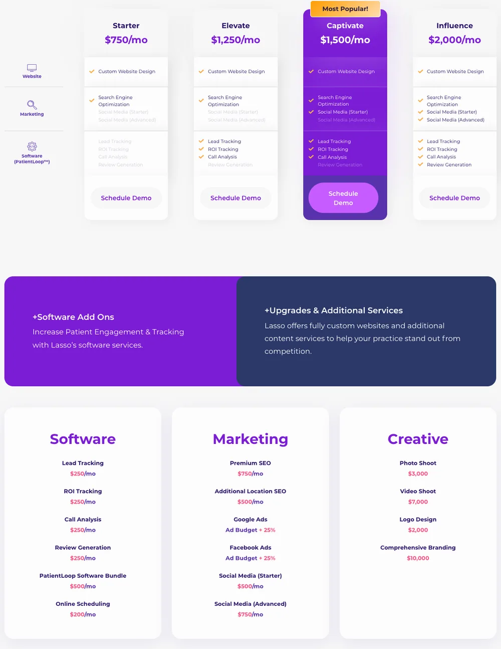 Lasso MD pricing page. Four monthly plans at $750, $1,250, $1,500 (marked most popular) and $2,000, each listing custom website design and search engine optimization, with social media and tracking software added in higher plans. Below, add-on prices: lead tracking, ROI tracking, call analysis and review generation at $250 a month each, premium SEO $750 a month, Google and Facebook ads at ad budget plus 25 percent, photo shoot $3,000, video shoot $7,000, logo design $2,000 and comprehensive branding $10,000.