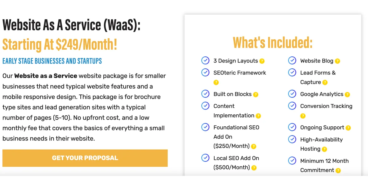 SEOTERIC dermatologists page offer block: Website As A Service (WaaS), Starting At $249/Month, for early stage businesses, a brochure site of 5 to 10 pages with no upfront cost. The What's Included list shows 3 design layouts, foundational SEO add on at $250 a month, local SEO add on at $500 a month, high availability hosting and a minimum 12 month commitment.