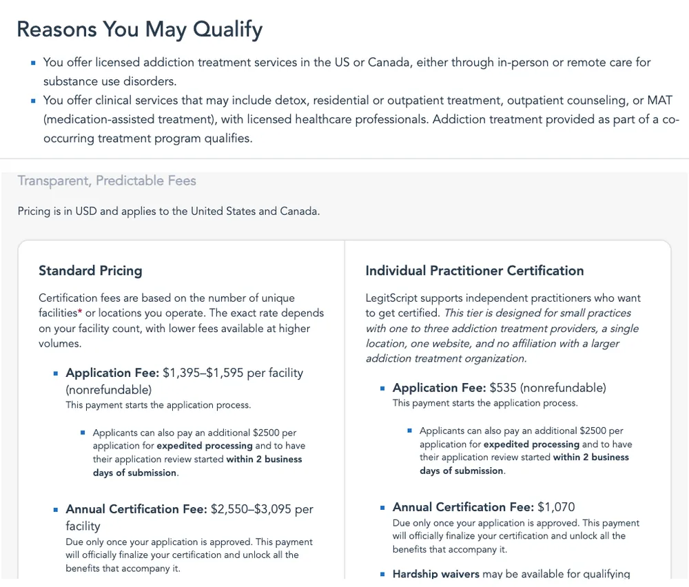 Two excerpts from LegitScript's addiction treatment certification page. Top: under 'Reasons You May Qualify', a bullet that ends 'Addiction treatment provided as part of a co-occurring treatment program qualifies.' Bottom: the pricing panel. Standard pricing: application fee $1,395 to $1,595 per facility, nonrefundable, with an optional $2,500 per application for expedited review started within 2 business days; annual certification fee $2,550 to $3,095 per facility, due once the application is approved. Individual practitioner certification: application fee $535 and annual fee $1,070.