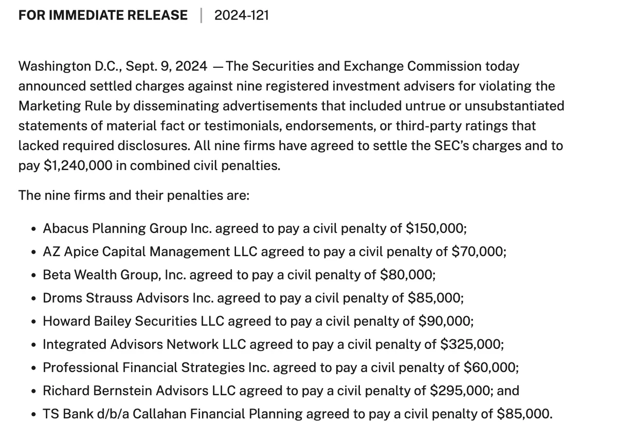 The SEC press release of 9 September 2024 listing nine registered investment advisers and the civil penalty each agreed to pay, adding up to $1,240,000