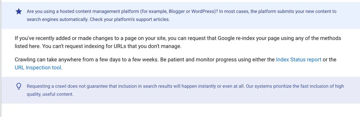 Google Search Central documentation page titled Ask Google to recrawl your URLs, stating that crawling can take anywhere from a few days to a few weeks and that requesting a crawl does not guarantee that inclusion in search results will happen instantly or even at all