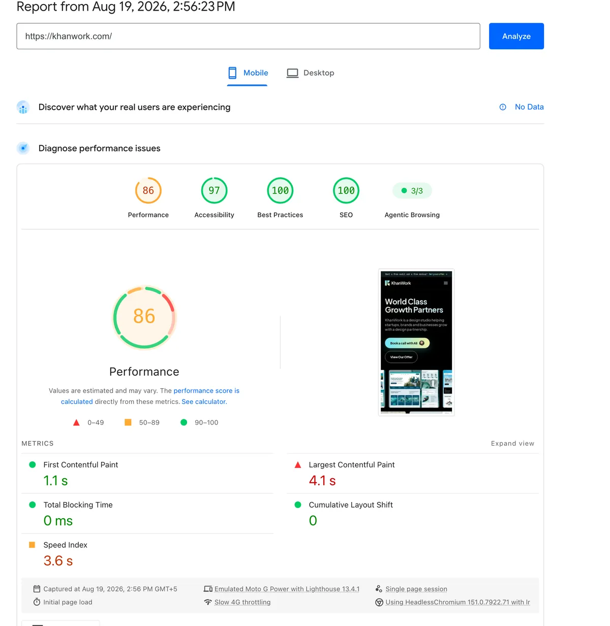 PageSpeed Insights report for the same khanwork.com URL at 2:56:23 PM on 19 August 2026, showing a performance score of 86 with Largest Contentful Paint of 4.1 seconds flagged red