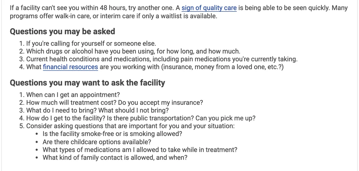 The Calling a Facility section of FindTreatment.gov. It says if a facility cannot see you within 48 hours, try another one, then lists questions you may be asked and questions you may want to ask the facility: when can I get an appointment, how much will treatment cost and do you accept my insurance, what do I need to bring, how do I get to the facility and can you pick me up, plus whether the facility is smoke-free, whether there are childcare options, what medications are allowed and what family contact is allowed and when.