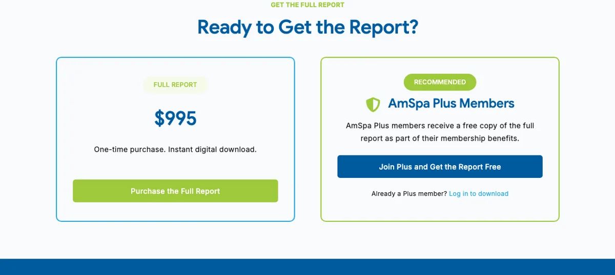 The purchase section of the American Med Spa Association's Medical Spa State of the Industry Report page, showing a Full Report card priced at $995 as a one-time purchase with instant digital download, beside a card offering the report free to AmSpa Plus members