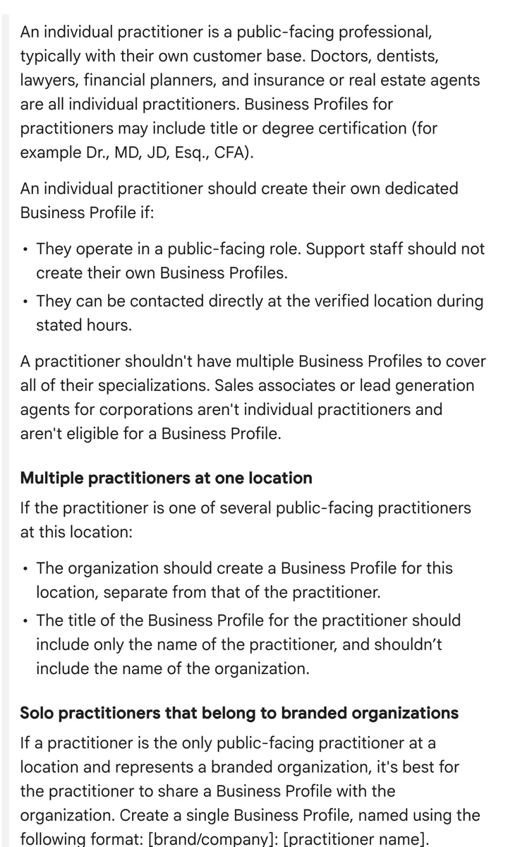 The Individual practitioners section of Google's Business Profile guidelines. It defines an individual practitioner as a public-facing professional with their own customer base, says a practitioner should create their own profile if they operate in a public-facing role and can be contacted at the verified location during stated hours, and gives separate rules for multiple practitioners at one location and for solo practitioners who belong to branded organizations.
