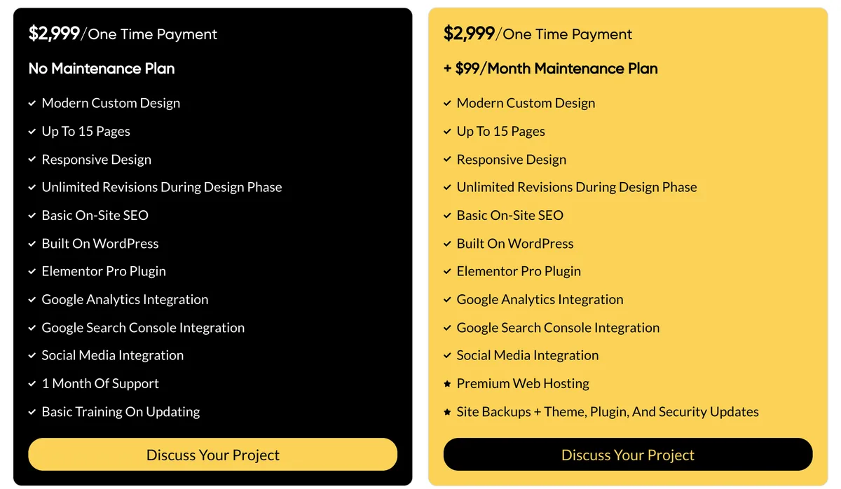 Two pricing cards from the Orthodontist SEO website. Left: 2,999 dollars one time payment, no maintenance plan, with modern custom design, up to 15 pages, built on WordPress and one month of support. Right: 2,999 dollars one time payment plus a 99 dollar a month maintenance plan that adds premium web hosting, site backups and theme, plugin and security updates.