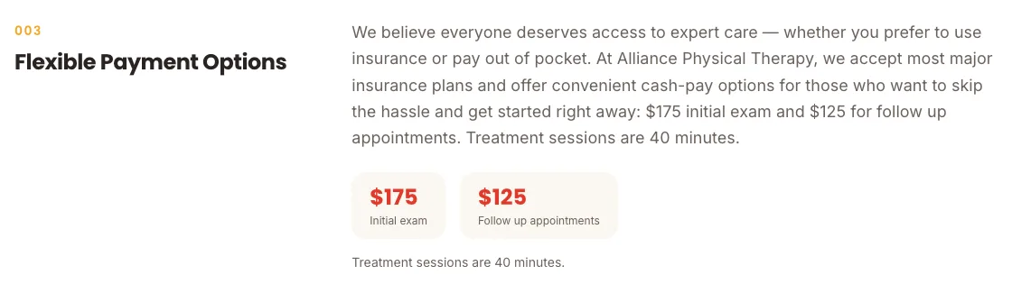 A section of Alliance Physical Therapy's homepage in Scottsdale titled Flexible Payment Options, saying the clinic accepts most major insurance plans and offers cash-pay options: 175 dollars initial exam and 125 dollars for follow-up appointments, with treatment sessions of 40 minutes, shown again as two price tiles.