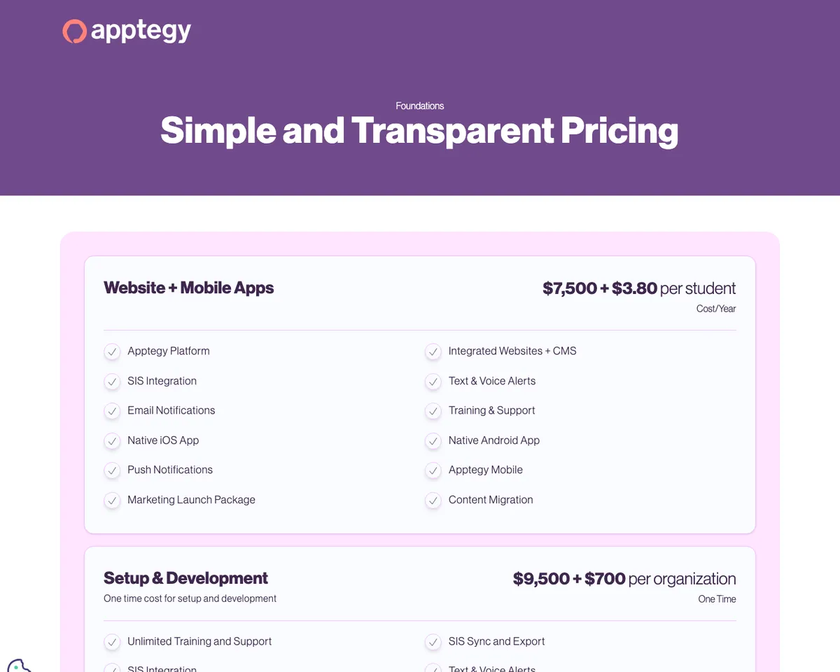 Apptegy pricing page showing a Website and Mobile Apps package at 7,500 dollars plus 3.80 dollars per student per year, and a one-time setup and development charge of 9,500 dollars plus 700 dollars per organization.