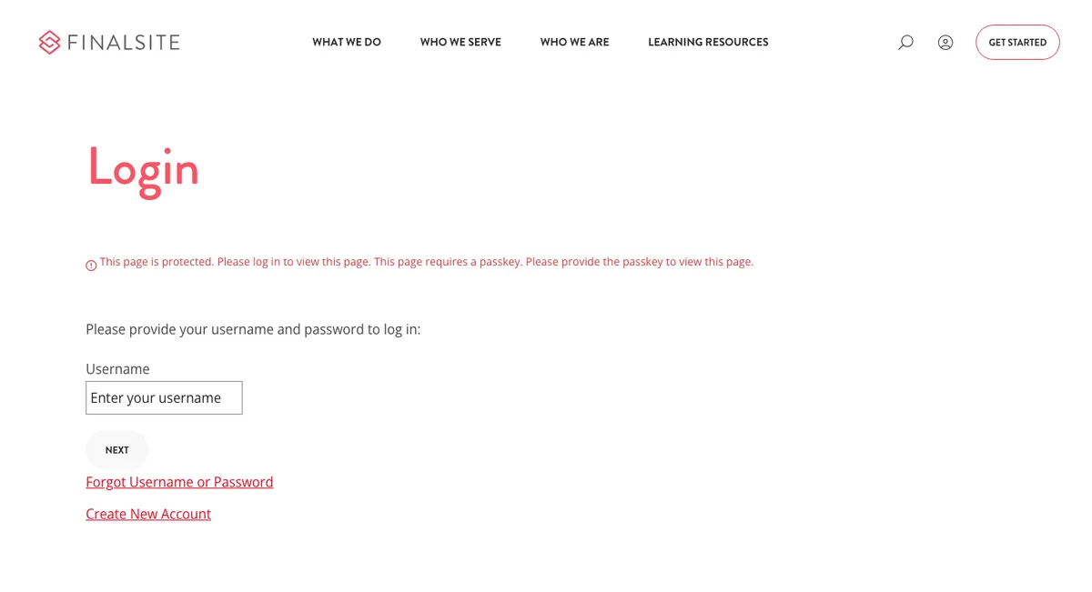Finalsite pricing page showing a login form and the notice that the page is protected and requires a passkey to view.