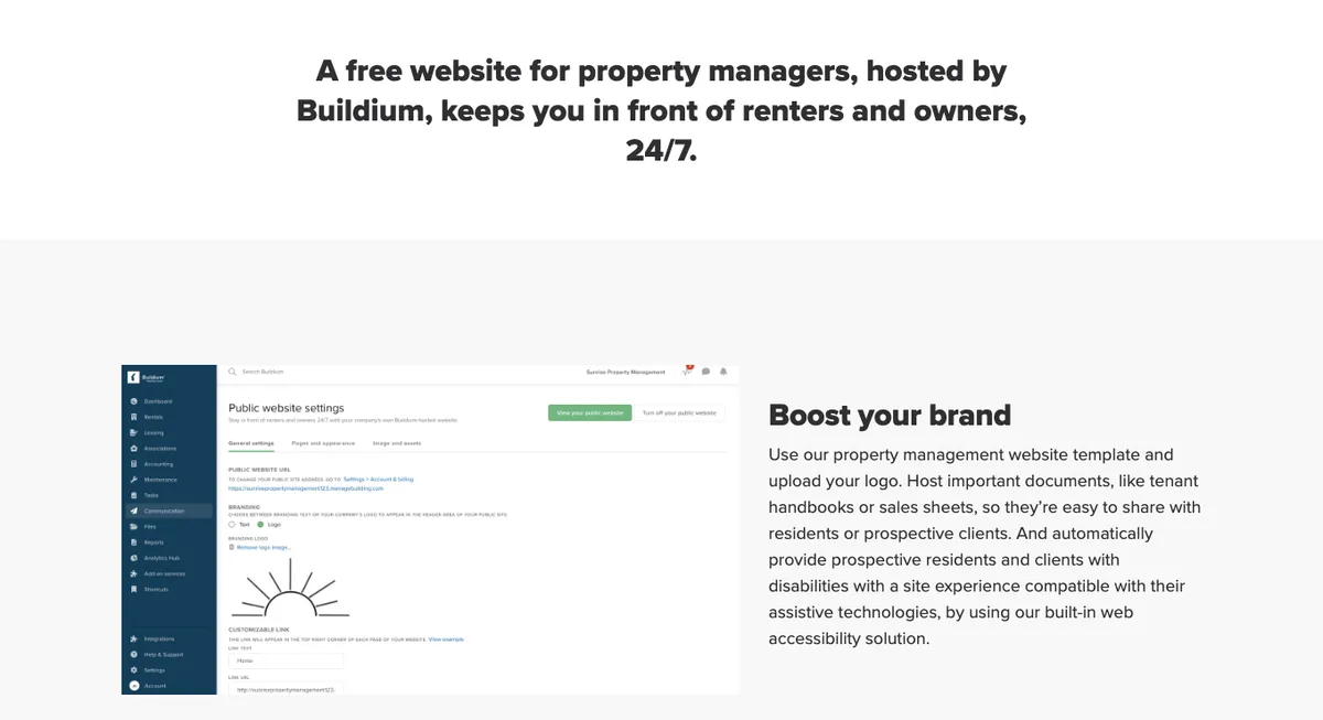 A Buildium feature page headed Property Management Website Builder, with the line: a free website for property managers, hosted by Buildium, keeps you in front of renters and owners, 24 slash 7. Below it a section headed Boost your brand describes uploading a logo, hosting documents such as tenant handbooks and sales sheets, and automatically providing prospective residents and clients with disabilities a site experience compatible with their assistive technologies using a built-in web accessibility solution.