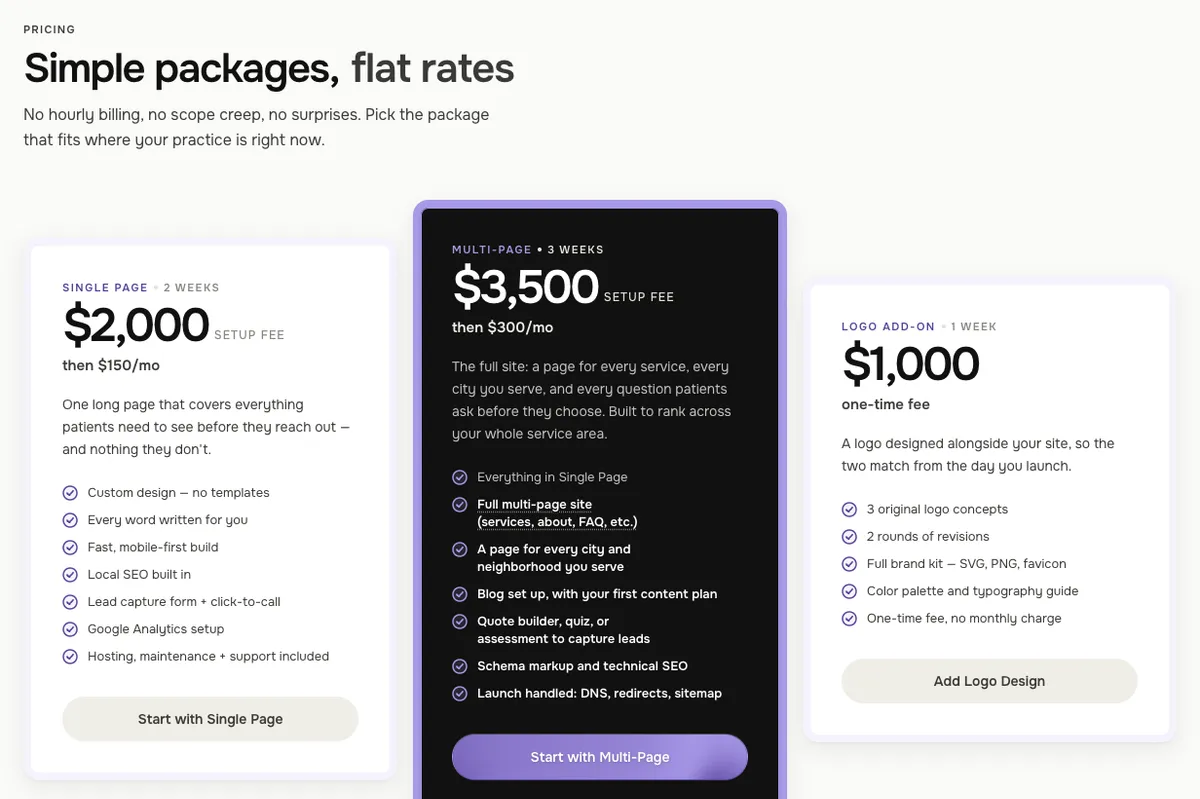 Pricing section of the Psychiatrist Website Design site headed Simple packages, flat rates: a single page package at a 2,000 dollar setup fee then 150 dollars a month, a multi-page package at a 3,500 dollar setup fee then 300 dollars a month, and a 1,000 dollar one-time logo add-on.