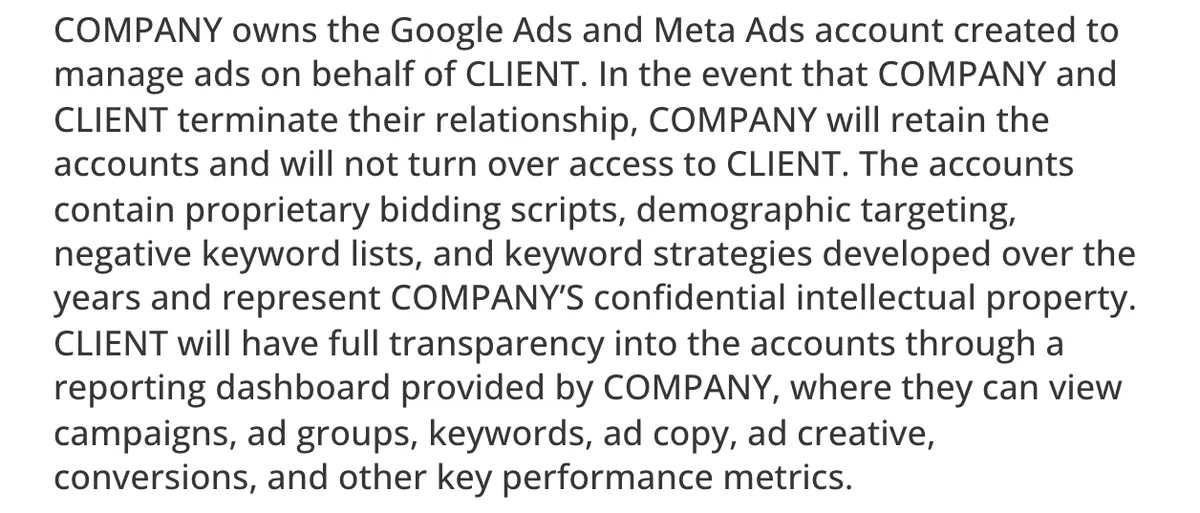 Paragraph from the Delmain terms of service. It says the company owns the Google Ads and Meta Ads accounts it creates to run a client's ads, that it keeps the accounts and will not turn over access if the relationship ends, and that the client sees the campaigns through a reporting dashboard instead.