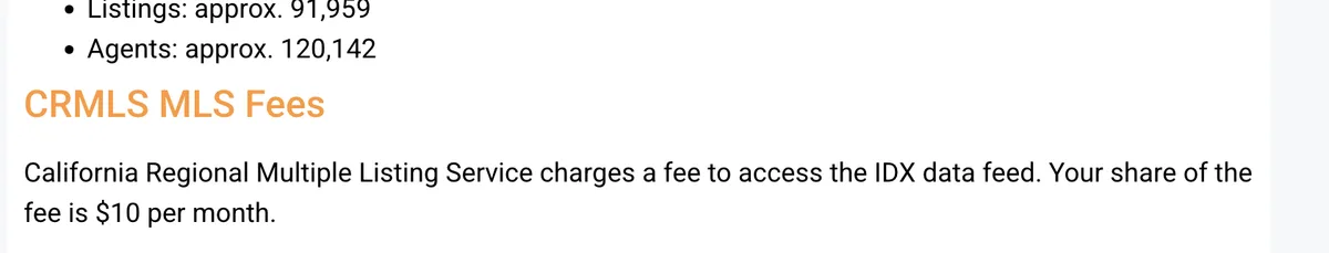 A page on the Showcase IDX MLS coverage directory for the California Regional Multiple Listing Service, stating that the subscriber's share of the IDX data feed fee is $10 per month