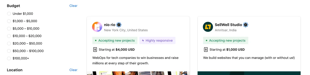 The Webflow Certified Partner directory. A Budget filter in the left column lists seven bands from Under $1,000 up to $100,000+, and two partner cards to the right show the lines Starting at $4,000 USD and Starting at $1,000 USD.