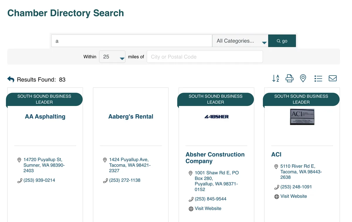A chamber of commerce online directory search page. The search box contains the letter a, a line reads Results Found colon 83, and four member cards follow, each showing a business name, a street address in Washington state, a phone number and, on two of them, a Visit Website link.