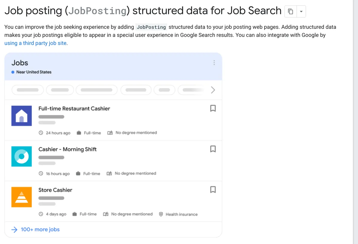 Google Search Central documentation titled Job posting (JobPosting) structured data for Job Search, with a mock Google Jobs panel showing three job cards for a Full-time Restaurant Cashier, a Cashier Morning Shift and a Store Cashier.