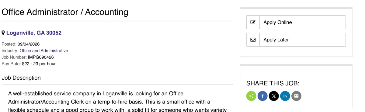 A job posting on a staffing agency's jobs subdomain, headed Office Administrator slash Accounting, with a location of Loganville, Georgia, a posted date, an industry, a job number and a line reading Pay Rate: 22 to 23 dollars per hour.