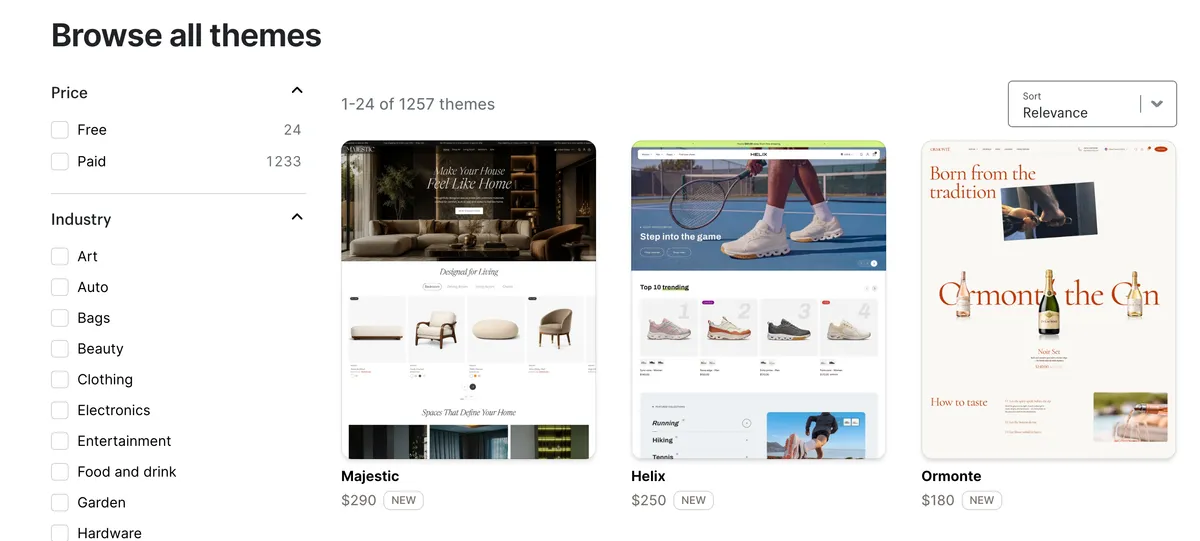 The Shopify Theme Store browse page. A price filter in the left column reads Free 24 and Paid 1233, the results heading reads 1-24 of 1257 themes, and three theme cards below are priced at $290, $250 and $180.