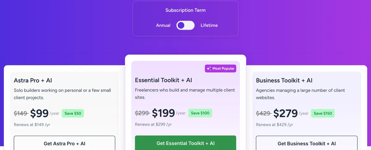 Three plan cards on the Astra pricing page. Astra Pro plus AI shows $149 struck through and $99 per year, with the line Renews at $149 per year below it. Essential Toolkit plus AI shows $299 struck through and $199 per year, renewing at $299. Business Toolkit plus AI shows $429 struck through and $279 per year, renewing at $429.