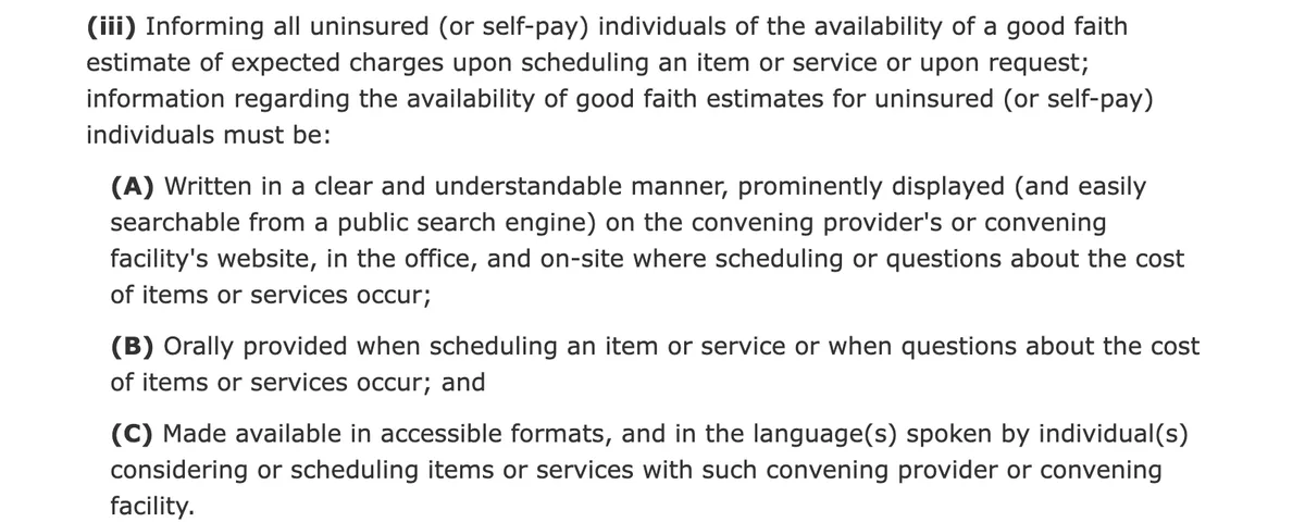 Text of 45 CFR 149.610 requiring that information about the availability of a good faith estimate be written in a clear and understandable manner and prominently displayed and easily searchable from a public search engine on the provider's website, in the office, and on-site where scheduling occurs