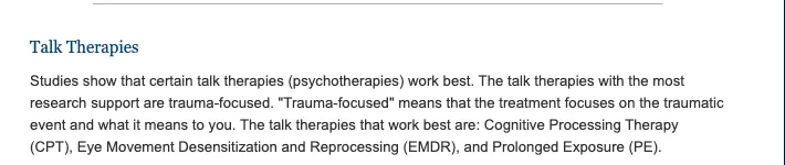 Screenshot of the VA National Center for PTSD treatment basics page, Talk Therapies section, naming Cognitive Processing Therapy, EMDR and Prolonged Exposure as the talk therapies that work best.