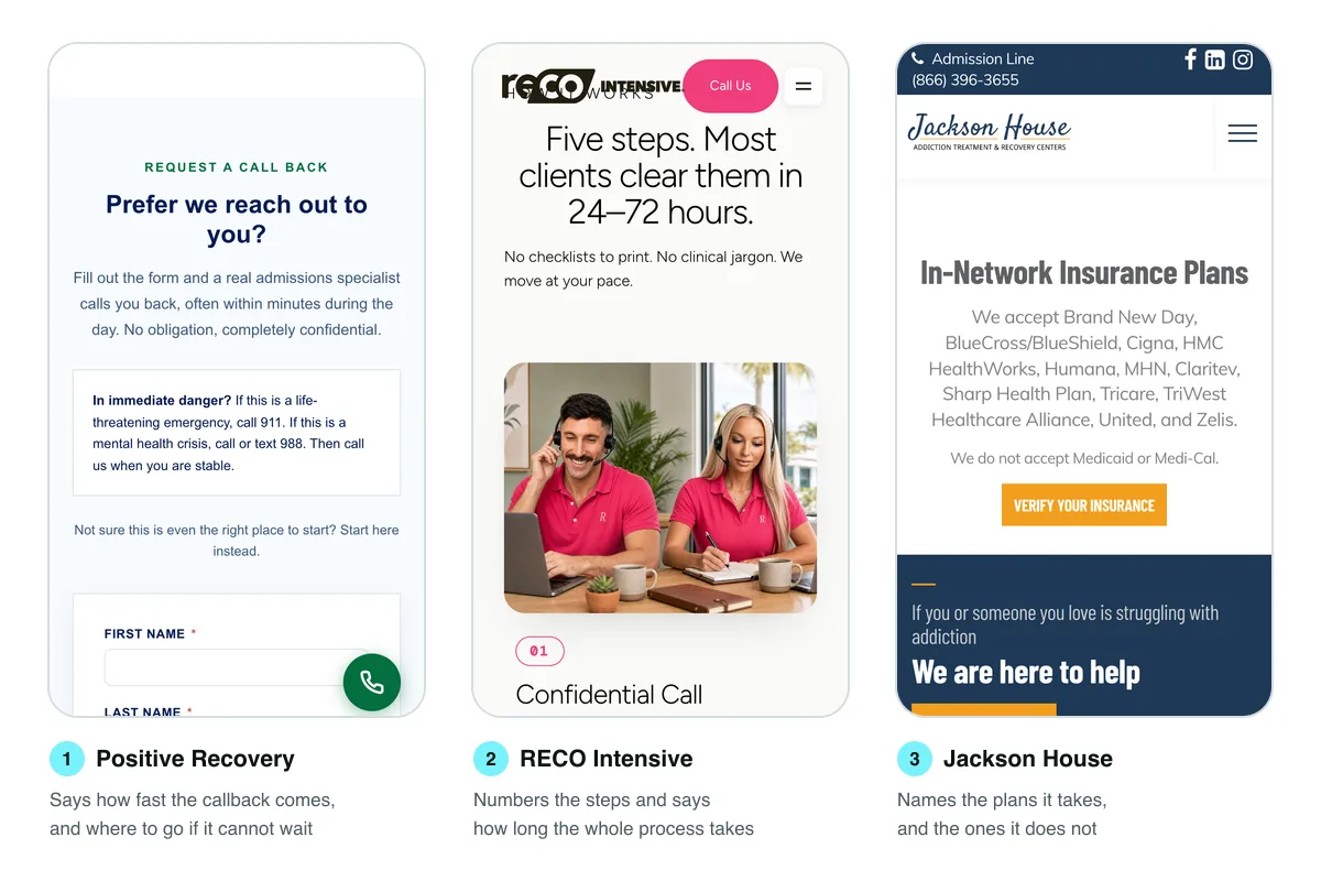 Three admissions pages on a phone screen: Positive Recovery's request a call back section saying an admissions specialist calls back often within minutes during the day, with a box telling people in immediate danger to call 911 or call or text 988; RECO Intensive's process heading reading Five steps, most clients clear them in 24 to 72 hours, above step 01 Confidential Call; and Jackson House listing the insurance plans it accepts and stating that it does not accept Medicaid or Medi-Cal.