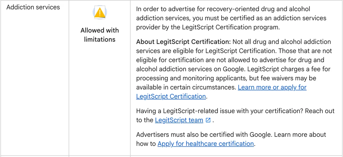 The Addiction services row of the United States section of Google's Healthcare and medicines policy. Status: allowed with limitations. To advertise recovery-oriented drug and alcohol addiction services you must be certified as an addiction services provider by the LegitScript Certification program; services not eligible for certification are not allowed to advertise on Google; LegitScript charges a fee but fee waivers may be available; advertisers must also be certified with Google.