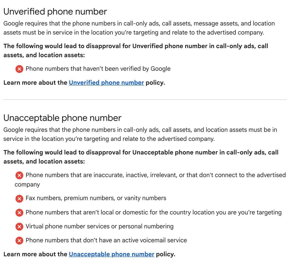 Two sections of Google Ads destination requirements. Unverified phone number: numbers in call-only ads, call assets, message assets and location assets must be in service in the targeted location and relate to the advertised company; numbers not verified by Google are disapproved. Unacceptable phone number: inaccurate, inactive or irrelevant numbers, fax, premium or vanity numbers, numbers that are not local or domestic, virtual phone number services or personal numbering, and numbers without an active voicemail service are disapproved.