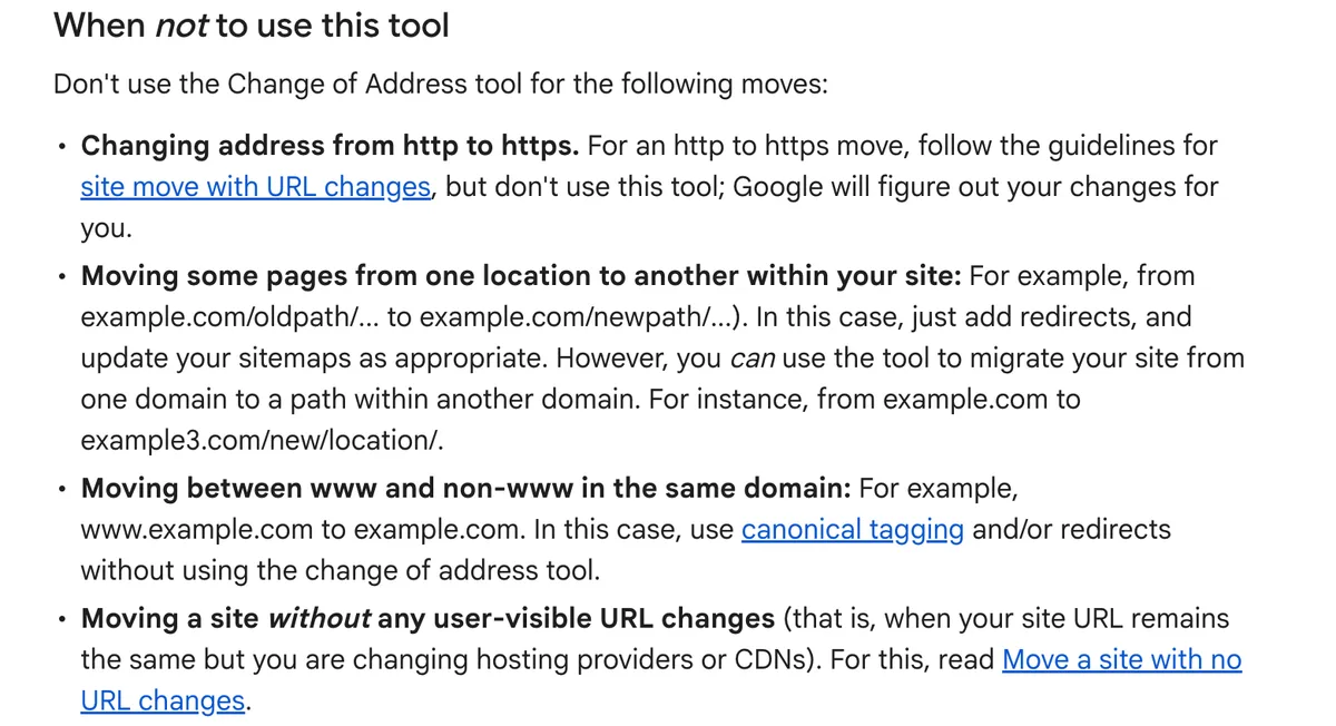 The When not to use this tool section of Google's Change of Address help page, listing http to https moves, moving pages within your own site, moving between www and non-www, and moving a site without user-visible URL changes