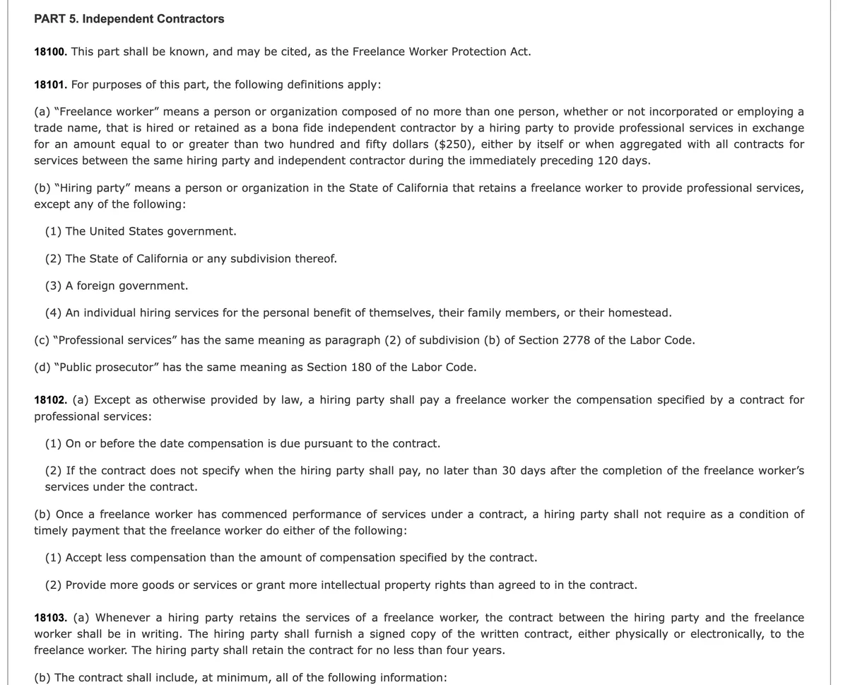 The text of California Business and Professions Code sections 18100 to 18103 on the California Legislative Information website, showing the $250 threshold, the 30-day payment rule and the written contract requirement